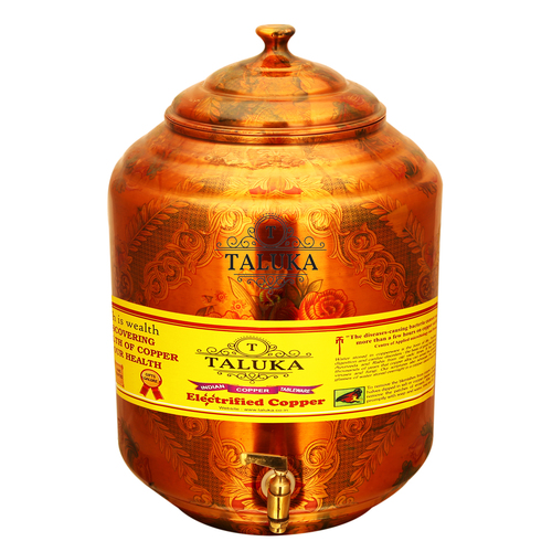 Copper Water Pot Belly Straight Printed - 13.5" Height, 6.5" Top Diameter, Copper Brown | 13-16 Liter Capacity, Round Shape with Belly Print