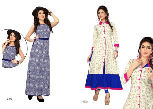 Cream And Blue Stylish Cotton Kurti