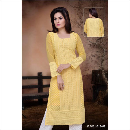 Ladies Yellow Color Chikan Kurtis