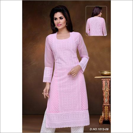 Ladies Pink Color Chikan Kurtis