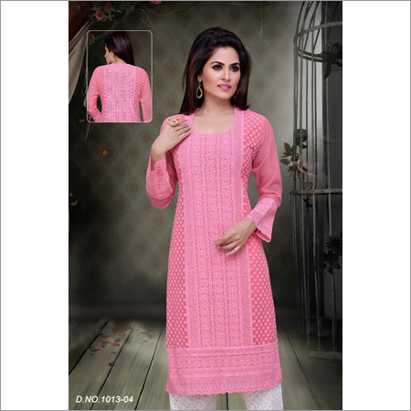 Ladies Pink Color Fancy Chikan Kurtis
