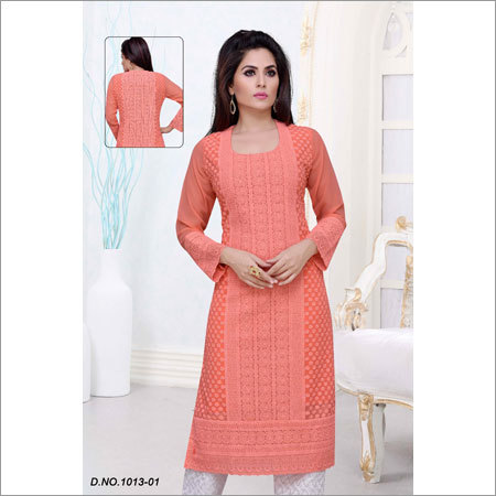 Ladies Orange Color Chikan Kurtis