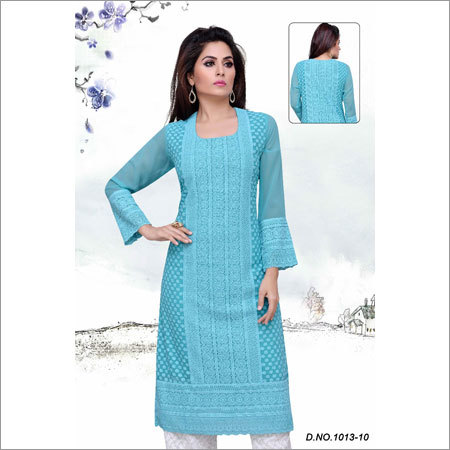 Ladies Blue Color Chikan Kurtis