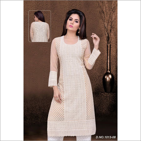 Ladies Peach Color Chikan Kurtis