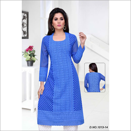 Ladies Chikan Sapphire Blue Color Kurtis