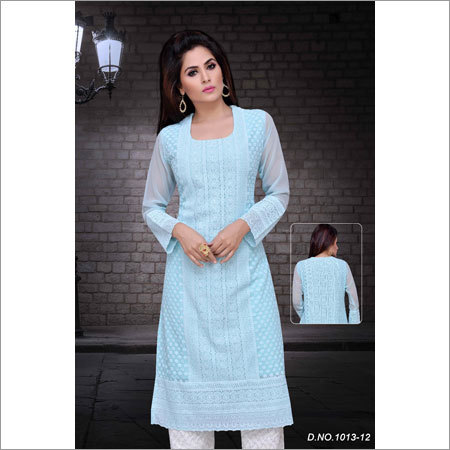 Ladies Chikan Sky Blue Color Kurtis