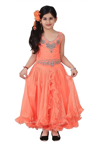 Crazeis Evening Wear Dress - Net Fabric, 3-9 Yrs, Orange Color | Trendy Style, Easy to Wear, Home Washable, Stone Decor