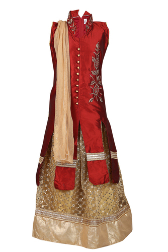 Lehenga Choli Dupatta Set - Embroidered Cotton with Net Accents | Traditional Design for Girls, Ages 3-9, Beautiful Brown Cream Colors, Decorated with Stones