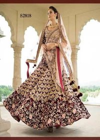 Bridal Maroon Velvet Lehenga Choli Dupatta Set - Velvet Fabric, Upto 42inches Waist, 44inches Length | Trendy Design, Gold Dori & Matte Sequins Work, Peach Soft Net Dupatta