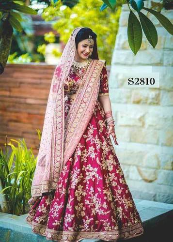 Bridal Lehenga Choli - Velvet Fabric, Free Size, Pink Color | Embroidered Round Neck, Half Sleeves, Intricate Dori Work, Heavy Lace Dupatta