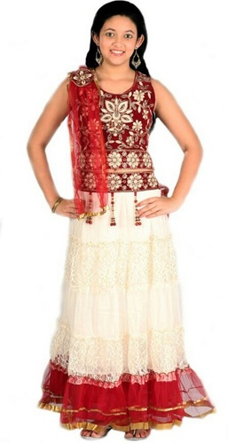 Crazeis Designer Lehenga Choli Dupatta Set - Cotton Net, Red White Colors for Girls 3-9 Yrs | Embroidered Pattern, All Season Wear, No Fade, Washable