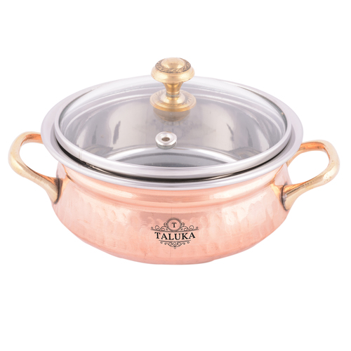 Copper Casserole With Glass Lid - Copper & Stainless Steel, 600 ML Capacity, 4.5" Height, 6" Diameter | Authentic Indian Dining Experience, Serving Ware