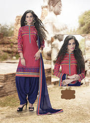 Cotton Pink & Blue Embroidered Suit