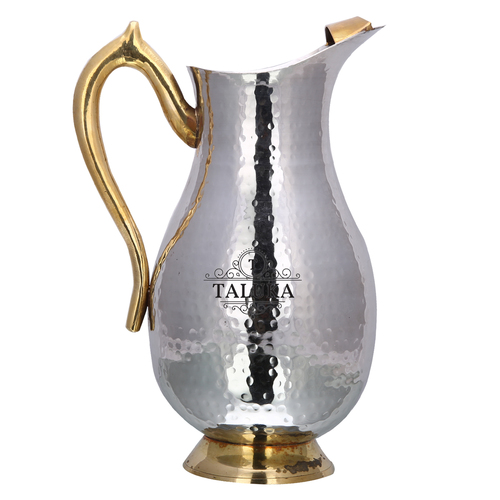 Stainless Steel Belly Jug with Brass Handle - 2000 ML Volume, 10" Height x 3.5" Width, Silver Color | Weight: 950 Grams, Durable Steel Drinkware