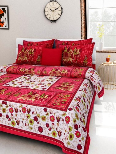 King Size Cotton Bed Sheet - 100% Cotton, Double Bed Size 2286 x 2743.2 mm, Multi-Color Hand-Block Prints, Includes 2 Matching Pillow Covers