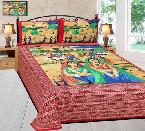 Rajasthani Print Bed Sheet - 100% Cotton Queen Size (2286 x 2743.2 mm) Pink Color 180 Thread Count 250 kg/m3 Density Washable 2 Pillowcases