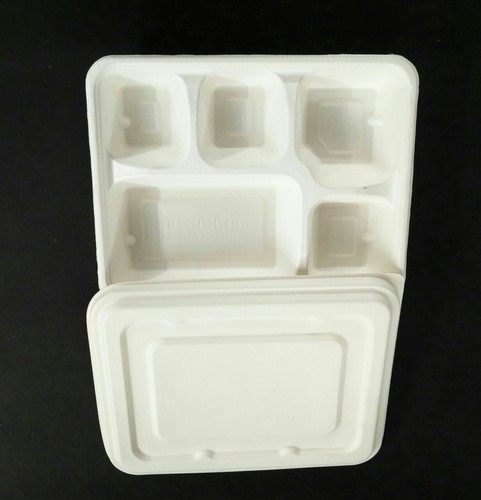 Ecoware 5 Compartment Tray & Lid - Biodegradable Material, 5 Compartment Size, White Color | 100% Compostable, Microwave & Freezer Safe, Oil/Water Proof