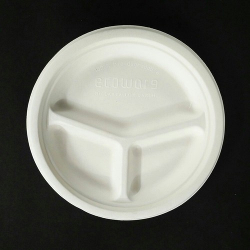 Ecoware 10 Inch 3 Compartment Round Plate - Biodegradable Material, Depth 1", Diameter 10", White Color | 100% Compostable, Microwave & Freezer Safe, Sturdy Design