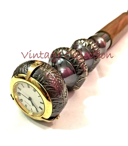 Brass Twist Handle Walking Stick with clock