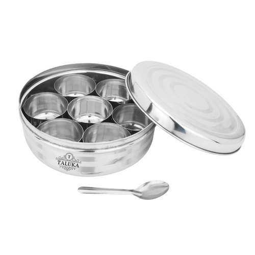 Stainless Steel Spice Canister - 9.0 x 3.5 Inch, Silver Color, Rust Proof With 7 Masala Bowls And Spoon