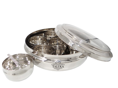 Stainless Steel Spice Box With Glass Lid - 8" Diameter x 2.5" Height | Includes 7 Bowls & Stainless Steel Spoon, Easy to Clean & Dishwasher Safe