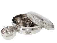 Stainless Steel Spice Box With Glass Lid - 8" Diameter X 2.5" Height | Includes 7 Bowls & Stainless Steel Spoon, Easy To Clean & Dishwasher Safe