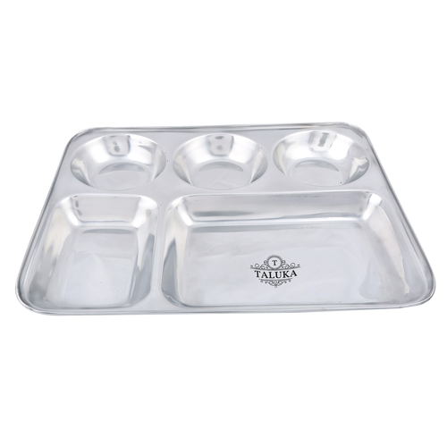 Stainless Steel Rectangular Plate Compartment Tray - 33 x 26.5 x 2.8 cm Silver | 5-in-1 Design with 4 Compartments for Versatile Meal Serving