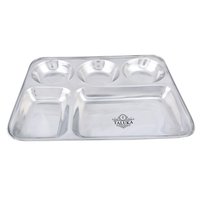 Stainless Steel Rectangular Plate Compartment Tray - 33 X 26.5 X 2.8 Cm, Silver | 5-in-1 Design With 4 Compartments For Versatile Meal Serving
