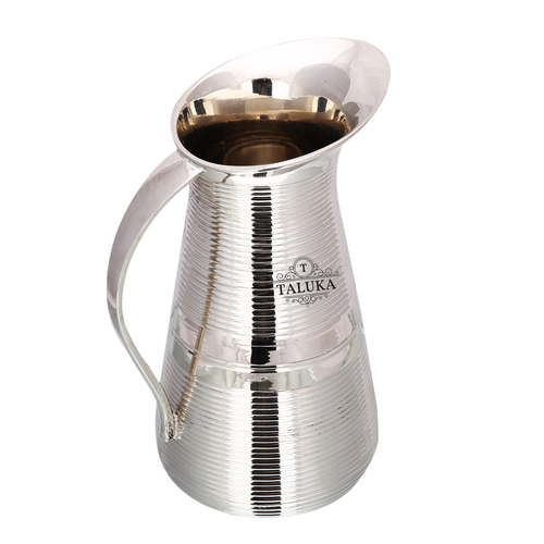 Brass Nickel Plated Water Jug with Full Ring Design - 8.5" Height, 1500 ML Capacity, Silver Finish | Hand Made by Taluka Exports, Ideal for Home and Catering