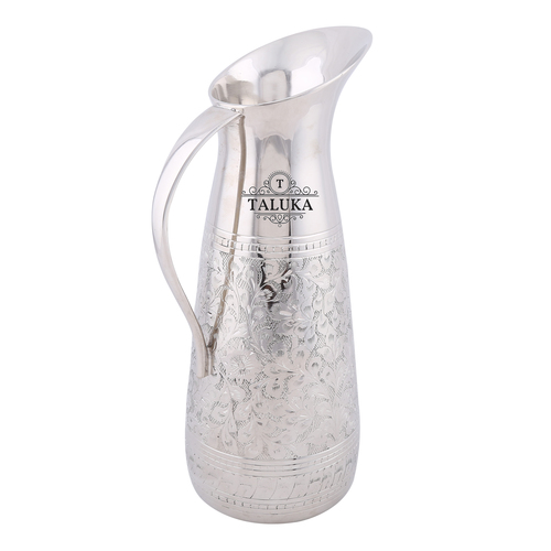 Brass Water Jug Embossed Nickel Plated - Stainless Steel, 10.5" Height, 4" Diameter, 1500ml Capacity | Handmade Design by Taluka Exports