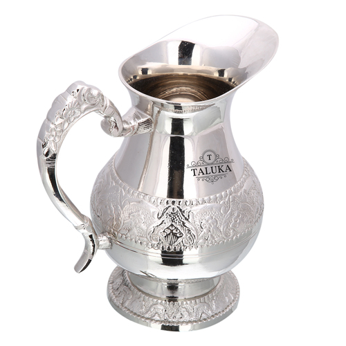 Brass Water Jug Nickle Plated Royal Design - 8" Height, 4.5" Diameter, 1500 ml Capacity, 1100 Grams Weight | Handcrafted for Home, Restaurant, Bars & Catering Services