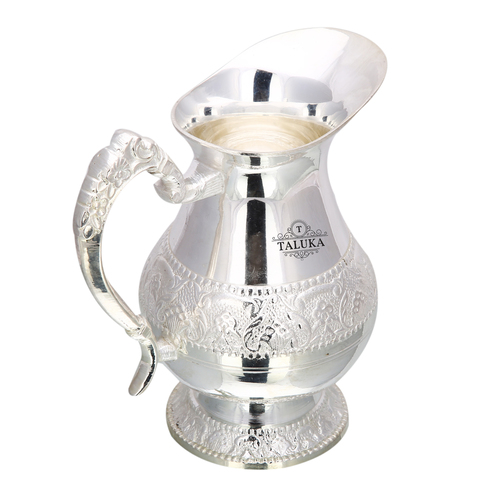 Brass Silver Plated Water Jug Royal Designer - 1500 ML, 8.0" Height x 4.5" Diameter, Silver Color | Healthy Habit Brass for Digestive Health, Antioxidant Properties
