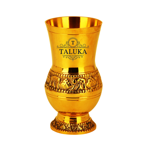 Brass Drinking Glass - 400 ML 2.5 Inch Diameter Golden Color | Handcrafted Mughlai Design Antioxidant Benefits Multiple Uses for Iced Drinks