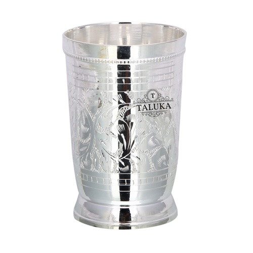 Brass Embossed Water Glass Silver Plated - Pure Brass, Height: 5", Width: 3", Volume: 400 ML | Elegant Silver Finish, Weighs 235 Grams