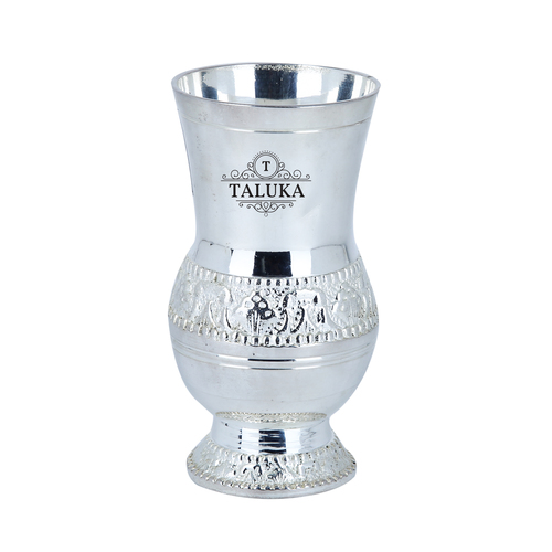 Brass Water Glass Silver Plated Mughlai Design - Pure Brass with Round Bottom, 5" Height, 2.5" Width, 300 ML Capacity | Silver Color, 275 Grams Weight