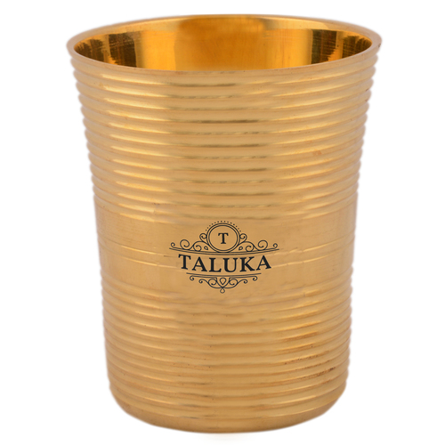 Brass Water Glass Full Ringed - Pure Brass, Height: 3.5", Width: 3", Volume: 400 ML | Golden Color, Round Bottom, Weighs 260 Grams