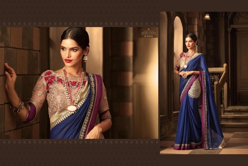 Chiffon Saree - Blue Designer Chiffon, Beautiful Embroidery, Zari & Sequin Work, Customizable Blouse Size 36-42