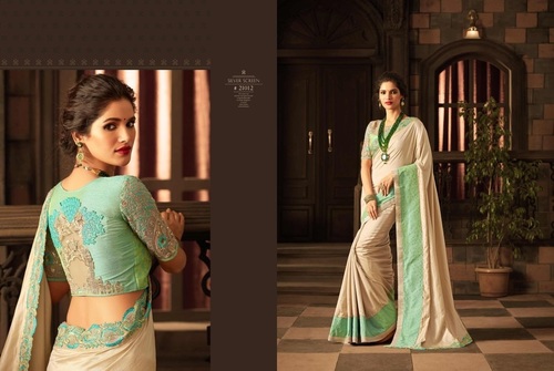 Designer Fantasy Silk Saree - Silk Material , Beige Color with Intricate Embroidery, Zari, Sequence, and Lace Work; Customizable Heavy Blouse Up to Size 42