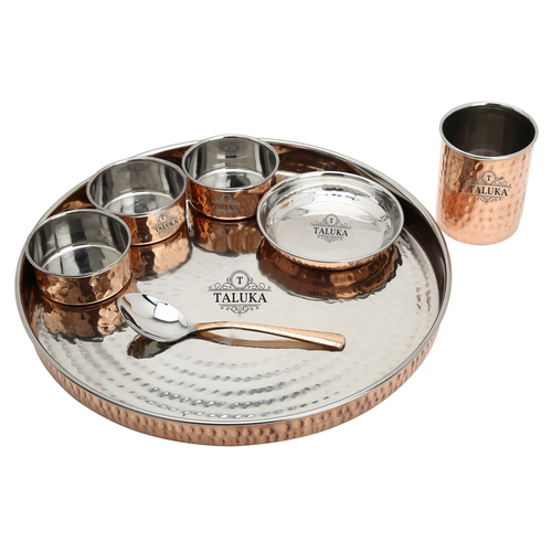 Pure Copper Thali Set - 8 Piece Dinnerware Set 13.0 Inch Diameter Copper Color Functional & Fashionable Design for Authentic Indian Dining Experience