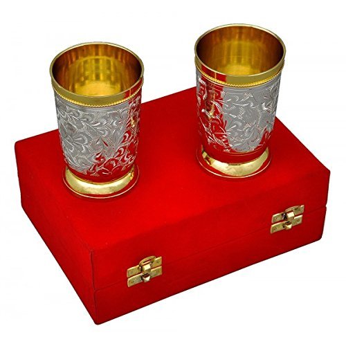 Gold Silver Plated Embossed Glass - Silver Plated Brass, 4" Height x 3" Diameter, 250 ML Capacity, 2 Piece Set, Antique Elegant Design in Red Gift Box