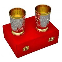 Gold Silver Plated Embossed Glass - Silver Plated Brass, 4" Height X 3" Diameter, 250 Ml Capacity, 2 Piece Set, Antique Elegant Design In Red Gift Box