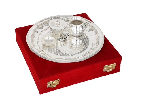 Silver Plated Pooja Thali Om Design - 9 Inch, Silver Color , Antique Elegant Design in Fancy Red/Blue Gift Box, Ideal for Home & Restaurant Decor
