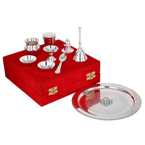 Silver Plated God Pooja Article Set - Silver Plated, 9 Inch Diameter, Silver Color | Antique Elegant Design, Includes Gift Box, High Cultural Significance