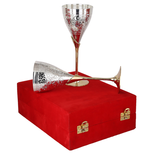 Silver Plated Wine Goblet Glass - 8.5" Height, 3.2" Diameter, 400 ML Capacity | Golden Color, Elegant Antique Design, Gift Box Included
