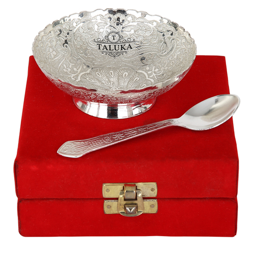 Silver Plated Brass Dessert Bowl - 100 ML Capacity, 12.7 Cm x 6.985 Cm x 12.7 Cm Dimensions, Silver Finish, Decorative Gift Box Included