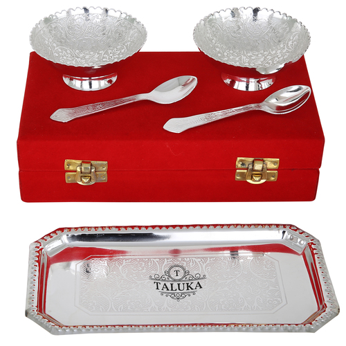 Silver Plated 5 Pc Dessert Bowl Spoon Tray Set - 2 Bowl, 2 Spoon, 1 Tray, Color: Silver, Capacity: 200 ML | Antique Elegant Design, Gift Box Included