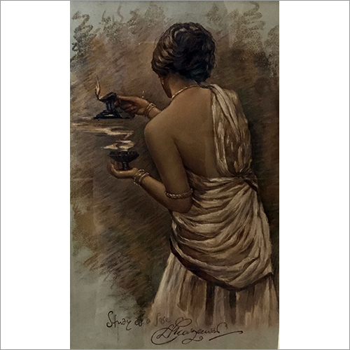 Hemen Mazumdar - Lady Worshiping Medium: Charcoal Mix Media