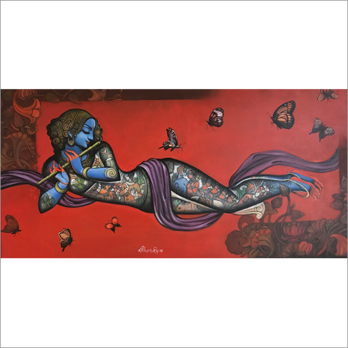 Kishor Roy - Krishna Playing Flute Medium: Acrylic
