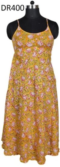 Cotton Hand Block Print Spaghetti Sleepwear Dress - 47" Calf Length, Multi Color Assorted Prints, Sleeveless Plus Size