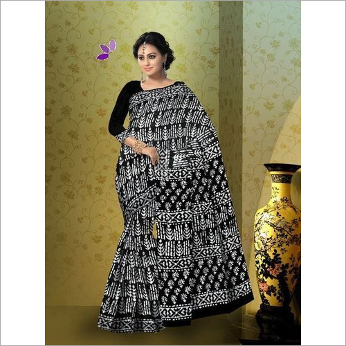 Hand Block Indigo Cotton Mulmul Saree